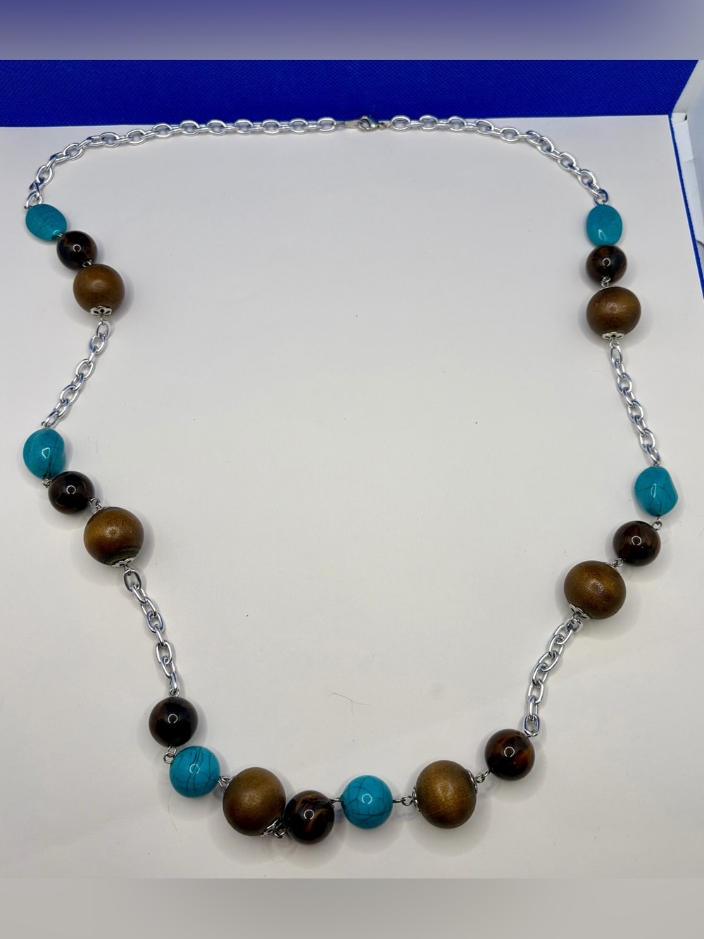 Boho Turquoise & Wood Beaded Chain Necklace | Southwestern Inspired Jewelry